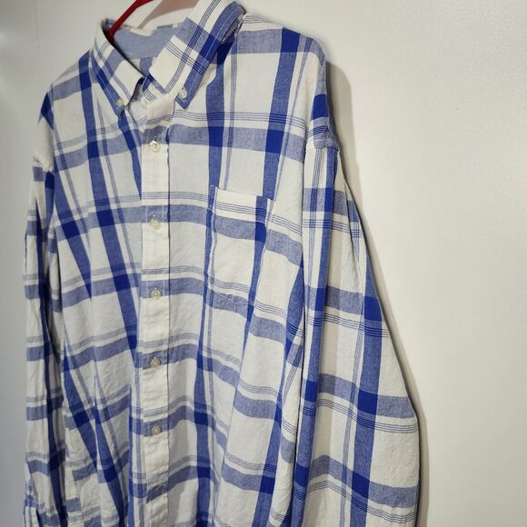 Mocotono Mens 2X White Blue Plaid Button Up Long Sleeve Shirt 100% Cotton Casual - Picture 2 of 9